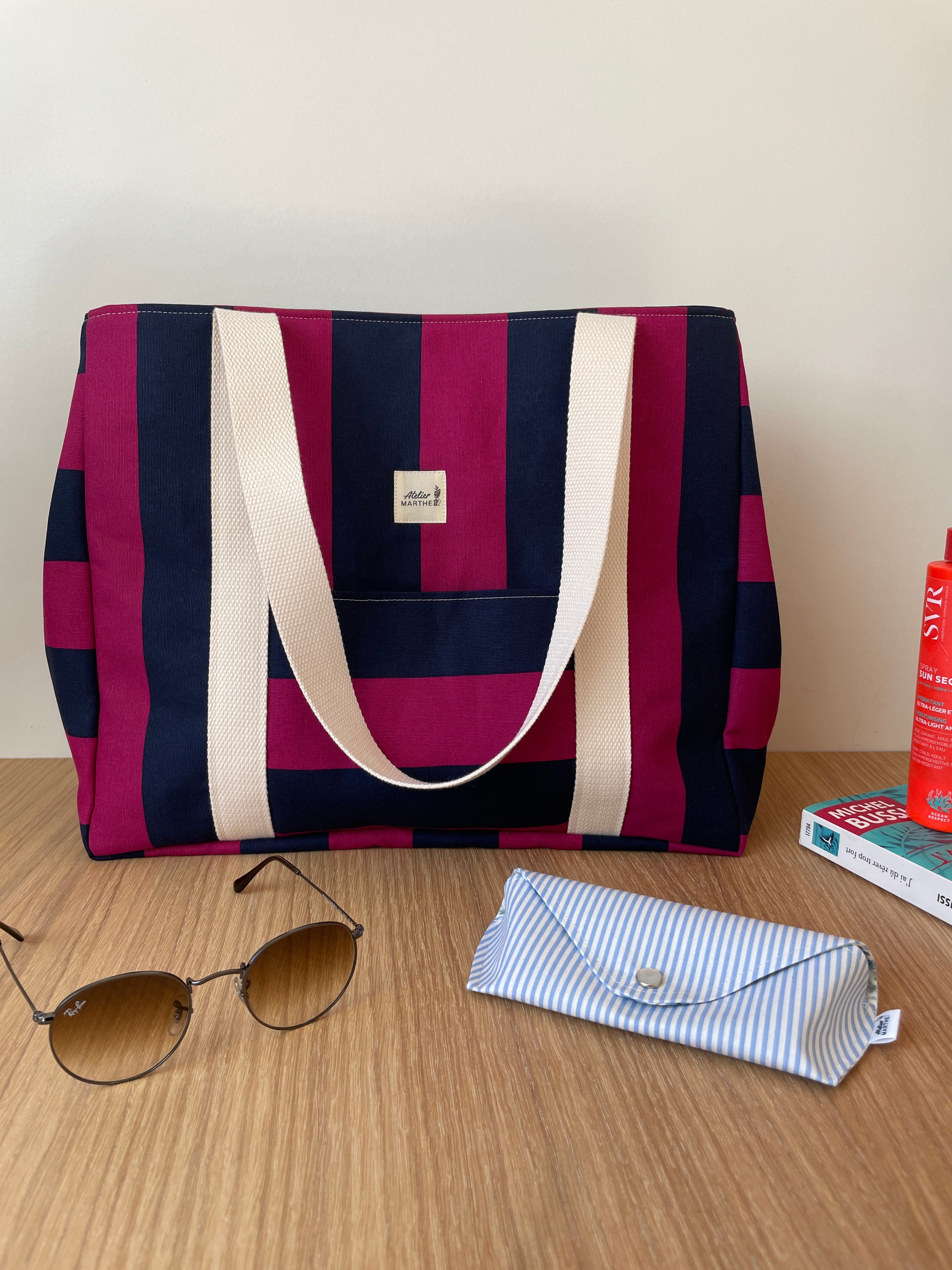 Sac cabas rayé framboise