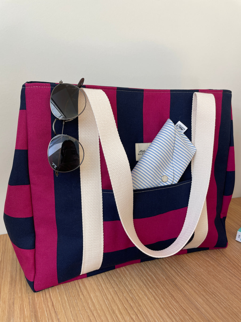 Sac cabas rayé framboise